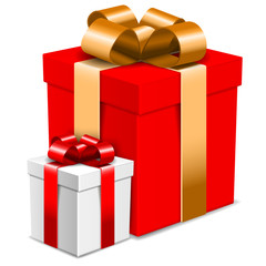 Two gift boxes with decorative bows isolated on white, vector illustration