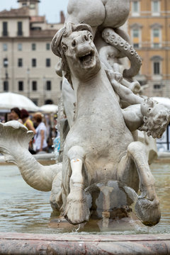  Piazza Navona Fountain of Neptun. Designed by Giacomo della Porta (1574) and Antonio della Bitta. Rome, Italy