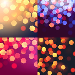Set of vector realistic abstract background with blurred defocused colorful bokeh lights