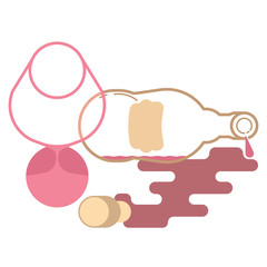 Empty bottle of alcohol and vine glass, line art illustration