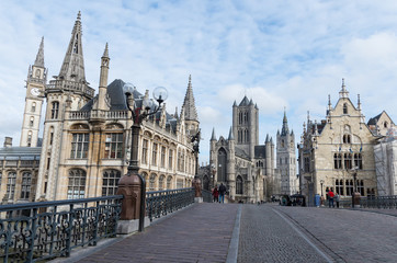 Fototapeta na wymiar St Michael's bridge and medieval buildings. Ghent, Belgium.
