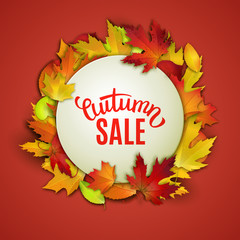 Autumn sale, price tag label, advertising vector illustration with colorful autumn leaves