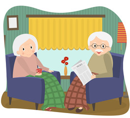 Happy old couple together. Seniors couple sits in a chair at home. Vector Illustration