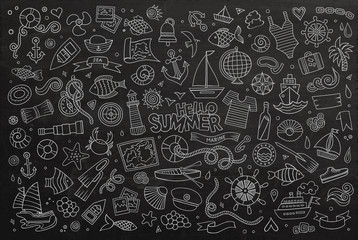 Marine nautical hand drawn vector symbols and objects