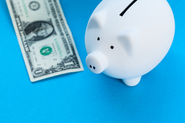 White piggy bank and US dollars