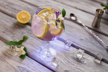 Cocktail decorated with small flower. Blue light coming from wineglass. Traditional tom collins with gin. Welcome to the party.