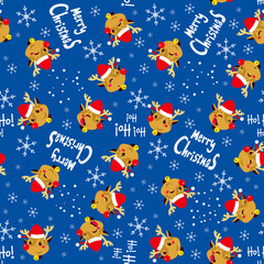Seamless Christmas Reindeer with Santa hat background pattern tiling texture