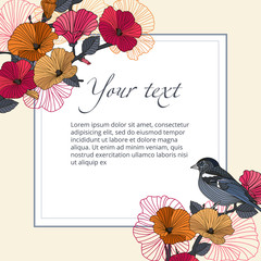 Vintage vector banner bird with flowers in the garden with space for text.  Abstract red and orange flowers and bird on branch in the garden, and the text frame on beige background