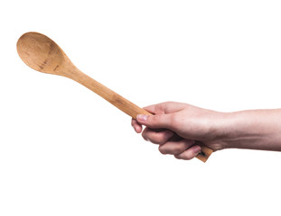 kitchen utensils in the hand of women isolated on white background
