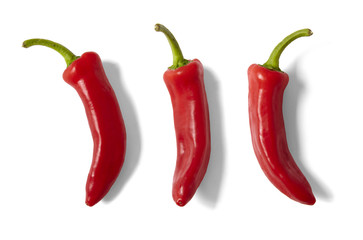 Individual red chilli peppers isolated on a white background