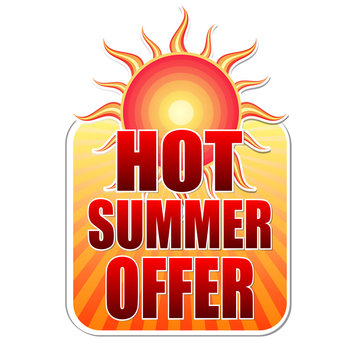 hot summer offer in label with sun, vector