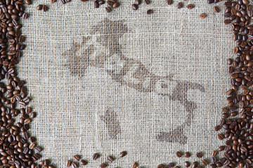 Burlap texture with coffee beans border