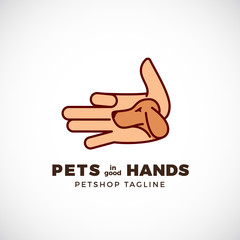 Pet Shop Abstract Vector Emblem or Logo Template. Line Style Palm with a Dog Face Silhouette.