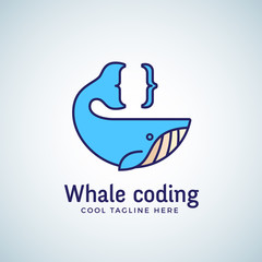 Whale Coding Abstract Vector Emblem, Label, Logo Template. Tail as a Curly Brace Concept Symbol or Icon. Line Style Design.
