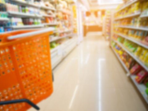 blur basket on shopping cart in supermarket or convenience store