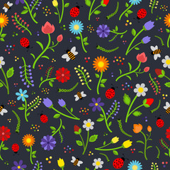 Seamless floral pattern with summer flowers and insects