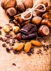 Chocolates background.Chocolate with nuts