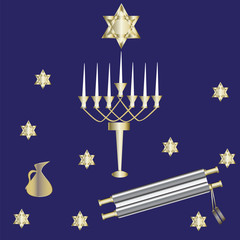 menorah seven candles gold Star of David Scroll jug dark blue background vector