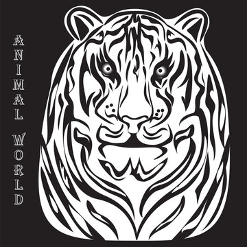 black and white silhouette illustration of a tiger white animal world inscription black background vector