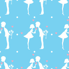 white silhouette of a boy with a bouquet of flowers and girl holding the heart in the palm patern on a blue background vector