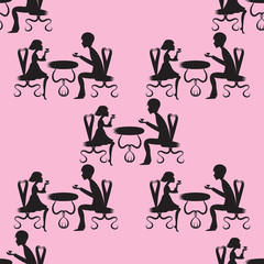 black silhouette of a boy and a girl sitting on the chairs at the table pink background vector pattern