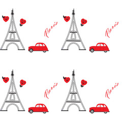 Eiffel Tower old machine red two cartoon heart abstract art illustration inscription Paris white background vector pattern