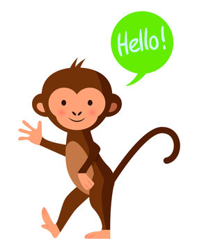 Cute funny monkey saying 'hello', vector illustration