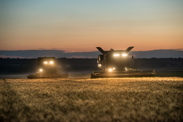 Combine harvester working on a wheat crop at night