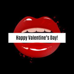 Happy Valentine's Day vector illustration, red seductive lips holding a banner on dark background