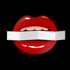Red seductive lips holding a blank paper banner on dark background, vector illustration