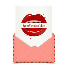Happy Valentine's day vector card in a pink envelope, red seductive lips holding a banner