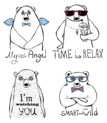 Set of doodle cute bears. My little angel, time to relax, I'm watching you, smart and wild.