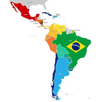 Countries of Latin America with names. Simplified vector map and Brazil flag.