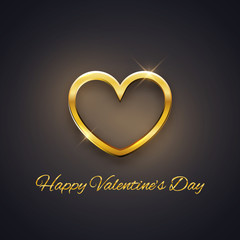Happy Valentine's Day card, golden heart on dark background, vector illustration
