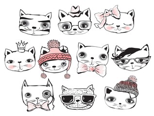 Set of cute hipster hand drawing cats