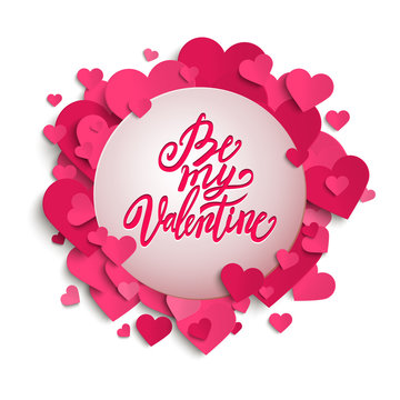 Be My Valentine handwritten brush pen lettering on banner with pink hearts, Valentine's Day, vector illustration