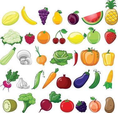 Set of vector illustrations cartoon vegetables and fruits