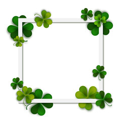 Happy Saint Patrick's vector background, green shamrock leaves and square frame, postcard, vector illustration