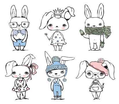Set of cute different bunnies doodle vector template.