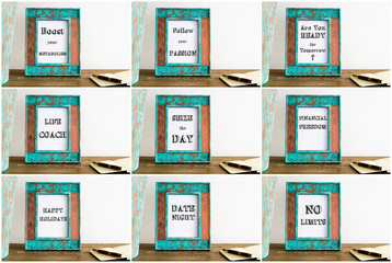 Collage of photo frames with various motivational texts