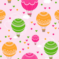 Background with hot air balloons and heart. Vector illustration of colorful hot air balloons.