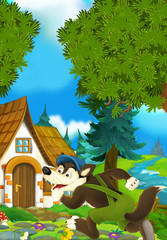 Cartoon scene of wolf running into old house - illustration for children