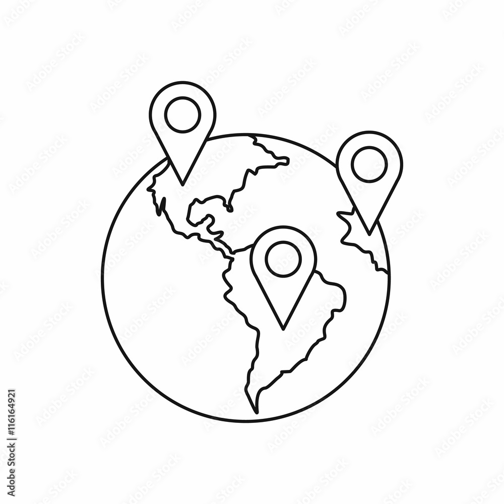 Poster globe and map pointers icon in outline style isolated vector illustration