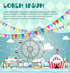 Obraz na płótnie Canvas Inventation card Merry Christmas and Happy New Year on amusement park, winter market, festival, fair. Vector illustration in flat style. Supermarket, circus and ferris wheel under the snow.