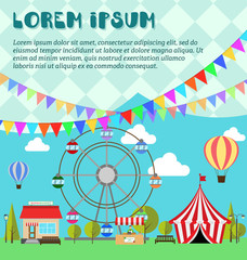 Inventation card for amusement park, winter market, festival or fair. Ferris wheel, balloon in the sky, supermarket, circus, flags outdoor and vegetarian market in flat style, vector illustration.
