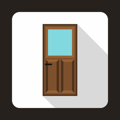 Wooden door with glass icon in flat style on a white background