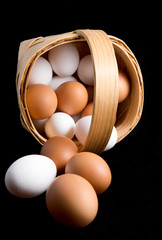 Eggs in a birch bark basket on black background 