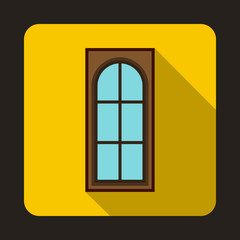 Wooden door with glass icon in flat style on a yellow background