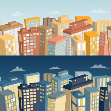 Seamless background with city landscape. Day and night panoramic view. Cartoon vector illustration