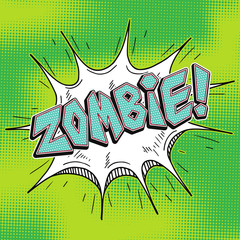 Zombie comic word balloon in retro pop art style. Vector hand drawn comix Zombie word.